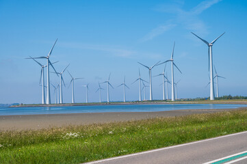 Windmills energy park in Zeeland, Netherlands, industrial landscape