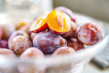 Indoor studio fresh prunes close-up