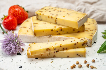 Cheese collection, matured cow cheese with mustard seeds from Belgium