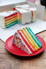 Piece of fresh baked colorful birthday cake
