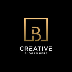Creative monogram logo design initial letter b with square line art and golden color style