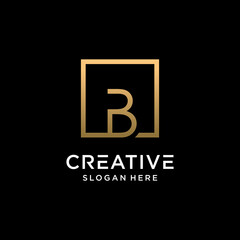 Creative monogram logo design initial letter b with square line art and golden color style