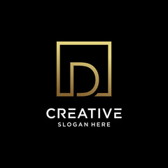 Creative monogram logo design initial letter d with square line art and golden color style