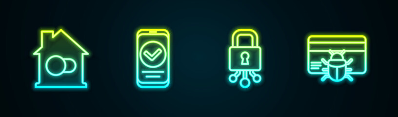 Set line Smart home, Smartphone, Cyber security and System bug in credit card. Glowing neon icon. Vector