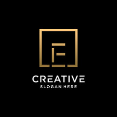 Creative monogram logo design initial letter e with square line art and golden color style