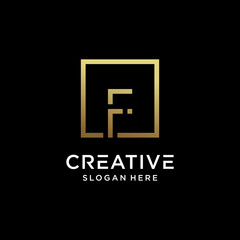 Creative monogram logo design initial letter f with square line art and golden color style