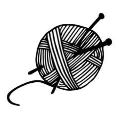 A skein of yarn with knitting needles in doodle style. Needlework, knitting. Black and white vector illustration. Isolated on white background design element