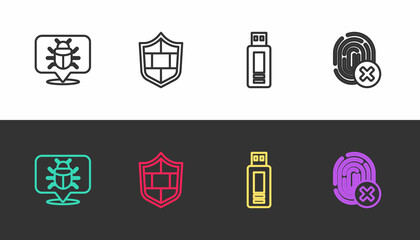 Set line System bug, Shield with brick wall, USB flash drive and Cancelled fingerprint on black and white. Vector