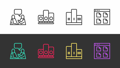Set line Two sitting men talking, Ranking star, Award over winner podium and Browser files on black and white. Vector