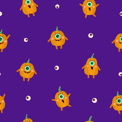 Fototapeta na wymiar Pattern for Halloween. Pumpkins and eyes on a purple background