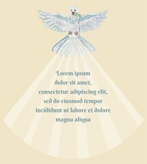 A dove with a twig in its beak with outstretched wings emits a beam of light. Simple vector religious template with text