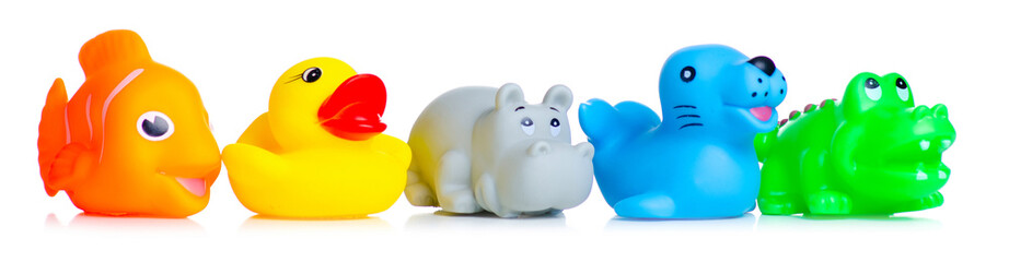 Colorful rubber baby bath toys on white background isolation