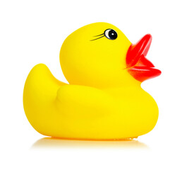 rubber baby bath toy duck on white background isolation