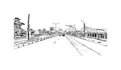 Obraz premium Building view with landmark of Lagos is the city in Nigeria. Hand drawn sketch illustration in vector.