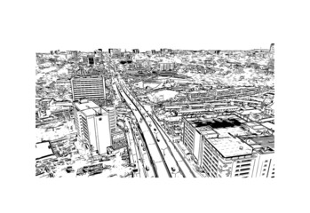 Building view with landmark of Lagos is the 
city in Nigeria. Hand drawn sketch illustration in vector.