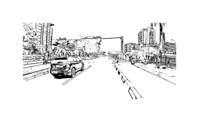 Building view with landmark of Lagos is the 
city in Nigeria. Hand drawn sketch illustration in vector.