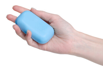 Blue soap in hand on white background isolation