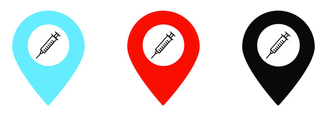 Location map pin icons with syringe. Vaccination point location, blue, red, black.