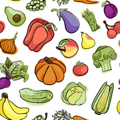 vegan food. seamless vector pattern of vegetables and fruits in the doodle style