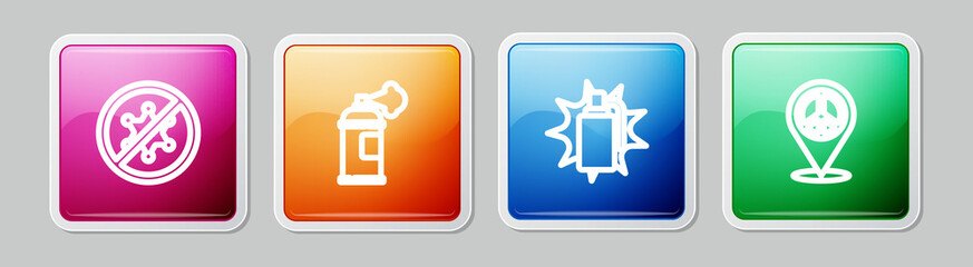 Set line Protest, Paint spray can, Hand grenade and Location peace. Colorful square button. Vector