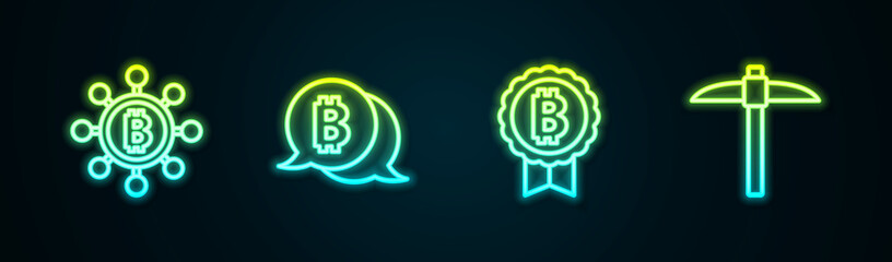 Obraz premium Set line Blockchain technology Bitcoin, , and Pickaxe. Glowing neon icon. Vector