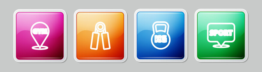 Set line Location gym, Sport expander, Kettlebell and . Colorful square button. Vector