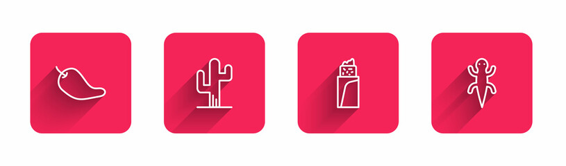 Set line Hot chili pepper pod, Cactus, Burrito and Lizard with long shadow. Red square button. Vector