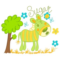 illustration of zebra plush with flowers and grass