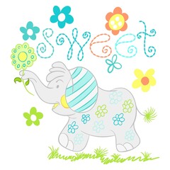 illustration of elephant plush with flowers and grass