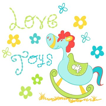 Cute wooden horse toy with flowers and text Love Toys