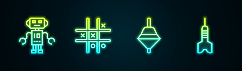 Set line Robot toy, Tic tac toe game, Whirligig and Dart arrow. Glowing neon icon. Vector - obrazy, fototapety, plakaty