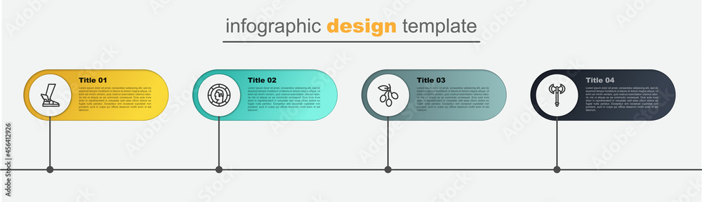 Poster set line medieval axe, olives branch, ancient greek coin and hermes sandal. business infographic tem