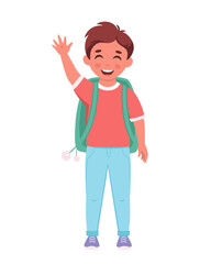 Boy with backpack going to the school. Boy smiling and waving hand. Elementary school student. Vector illustration