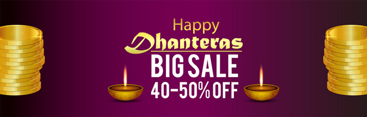 Indian festival happy dhanteras big sale banner with gold coin and diwali diya
