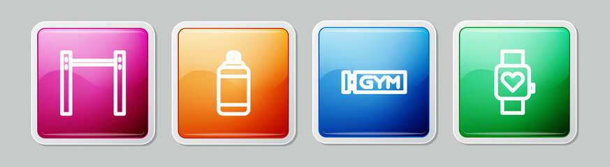 Set line Horizontal bar, Punching bag, Location gym and Smart watch. Colorful square button. Vector