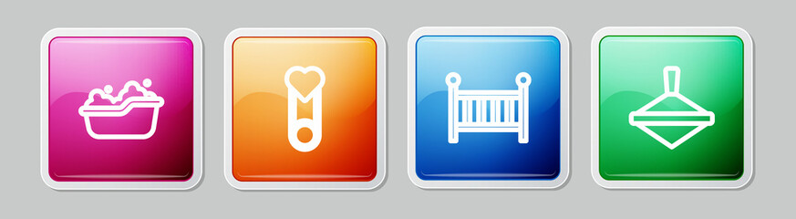 Set line Baby bathtub, clothes pin, crib cradle and Whirligig toy. Colorful square button. Vector