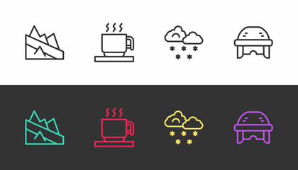 Set line Mountain descent, Hot chocolate cup, Cloud with snow and Hockey helmet on black and white. Vector