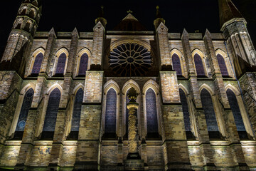 Scenic view of the Durham Cathedral in Durham, England during nighttime