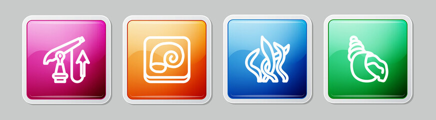 Obraz premium Set line Fishing harpoon, Octopus plate, Seaweed and Scallop sea shell. Colorful square button. Vector