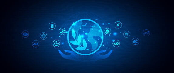 Eco technology or environmental technology hand holding with environment Icons over the Network connection. vector design