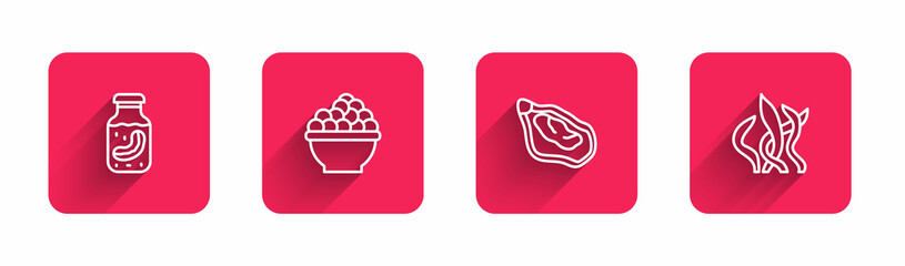 Set line Sea cucumber in jar, Caviar, Mussel and Seaweed with long shadow. Red square button. Vector