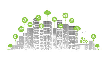 Eco technology or environmental concept modern green city. Eco-friendly urban lifestyle with icons over the network connection. vector design