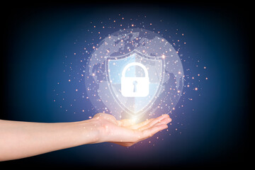 The concept is data protection Cyber Security Privacy Business Internet Technology. The security guard and the lock icon are in the women's hands.