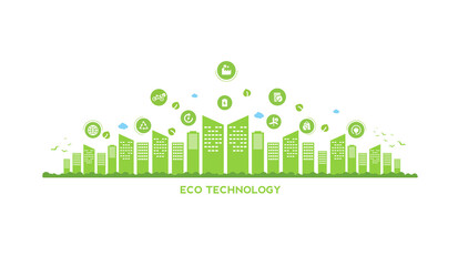 Eco technology or environmental concept modern green city and plant leaf growing inside.  Eco-friendly urban lifestyle with icons over the network connection. vector design