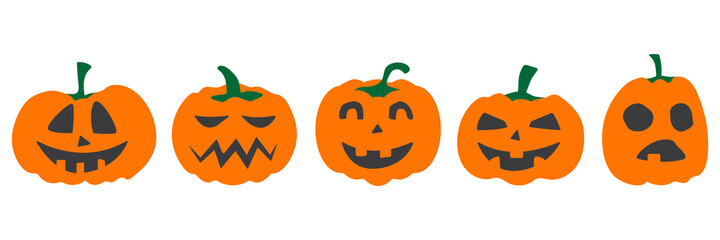 Halloween pumpkin vector 30 icons set, Emotion Variation. Simple flat style design elements. Set of silhouette spooky horror images of pumpkins. Scary Jack-o-lantern facial expressions Illustration