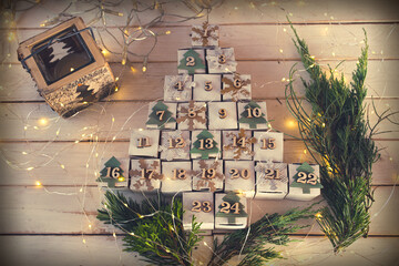Homemade advent calendar made of cardboard for a environmentally conscious christmas. Christmas...