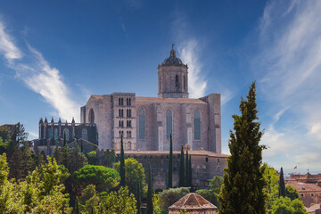 Fototapeta na wymiar Streets of Girona - Spain, with the Girona Catedral, Basilica de Saint Feliu, Capella de Sant Nicolau and the city walls of Girona