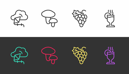 Set line Kite, Mushroom, Grape fruit and Mulled wine on black and white. Vector