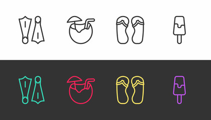 Set line Rubber flippers for swimming, Coconut cocktail, Flip flops and Ice cream on black and white. Vector © Kostiantyn