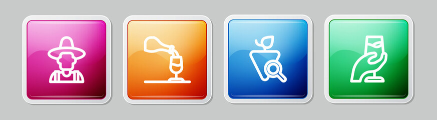 Set line Farmer in the hat, Wine tasting, degustation, Grapes and . Colorful square button. Vector